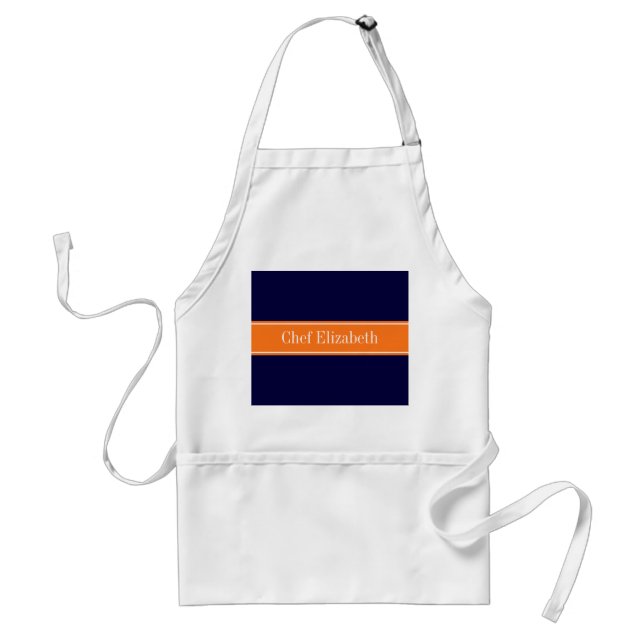 Solid Navy Blue, Pumpkin Ribbon Name Monogram Standard Apron (Front)