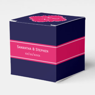 Solid Navy Blue, Raspberry Ribbon Name Monogram Favor Box
