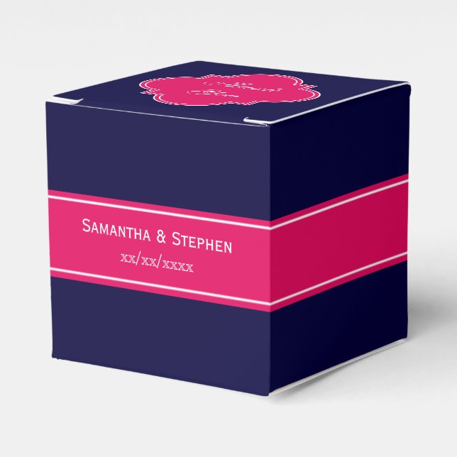 Solid Navy Blue, Raspberry Ribbon Name Monogram Favor Box (Front Side)