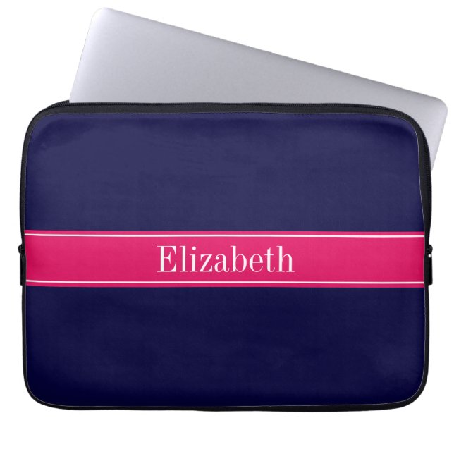 Solid Navy Blue, Raspberry Ribbon Name Monogram Laptop Sleeve (Front)