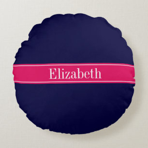 Solid Navy Blue, Raspberry Ribbon Name Monogram Round Pillow