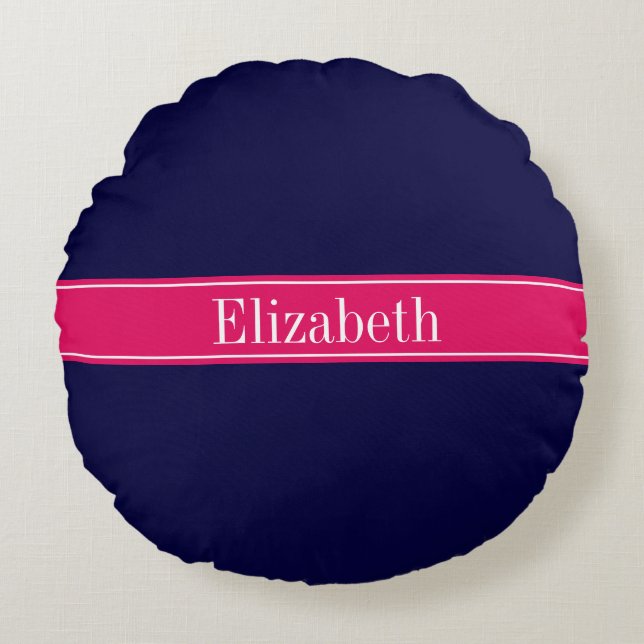 Solid Navy Blue, Raspberry Ribbon Name Monogram Round Pillow (Front)