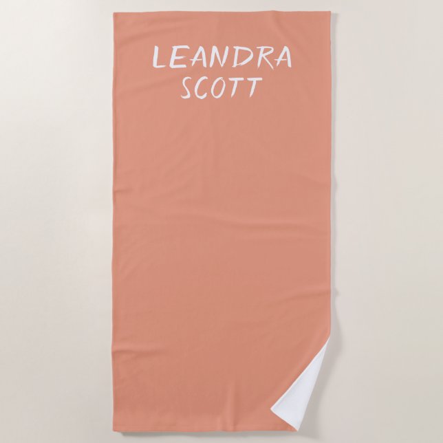 Solid peach coral minimalist personalised beach towel (Front)