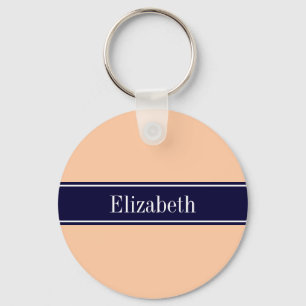 Solid Peach, Navy Blue Ribbon Name Monogram Keychain