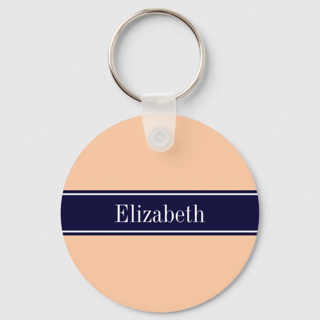 Solid Peach, Navy Blue Ribbon Name Monogram Keychain (Front)