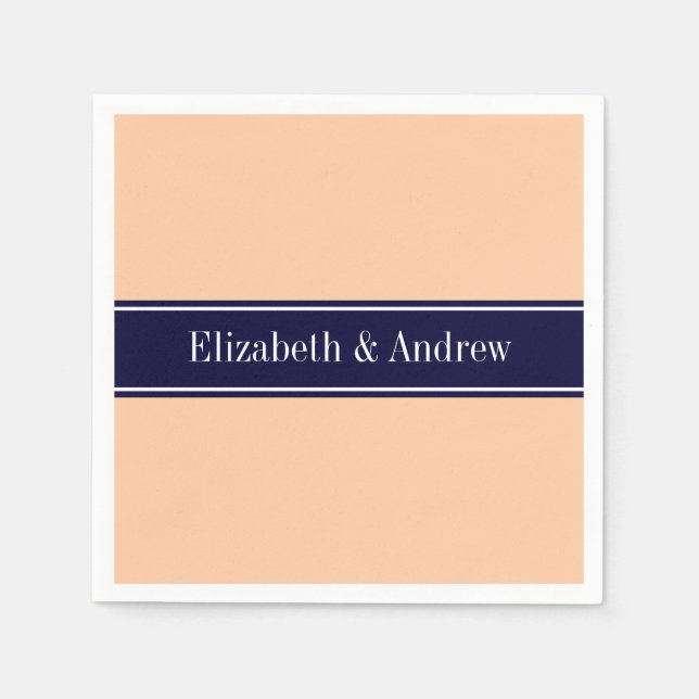 Solid Peach, Navy Blue Ribbon Name Monogram Napkin (Front)