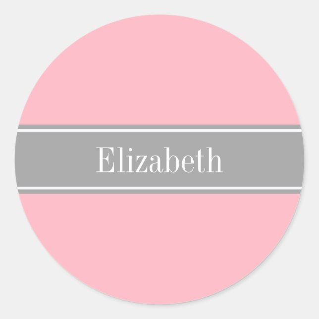 Solid Pink, Dark Grey Ribbon Name Monogram Classic Round Sticker (Front)