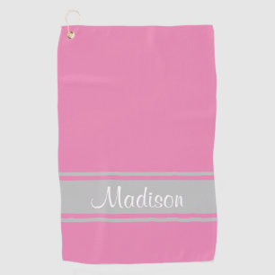 Solid Pink Grey Stripes Script Name Golf Towel