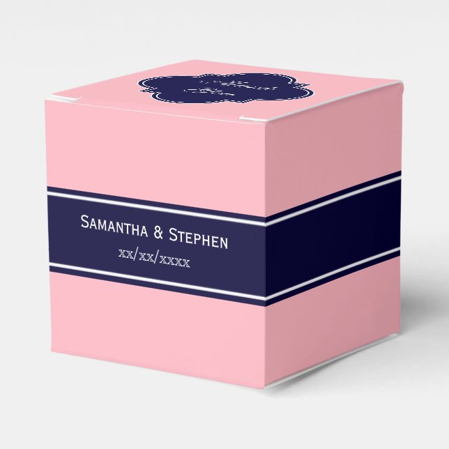 Solid Pink, Navy Blue Ribbon Name Monogram Favor Box (Front Side)
