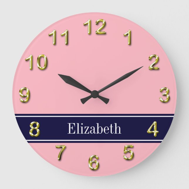 Solid Pink, Navy Blue Ribbon Name Monogram Large Clock (Front)