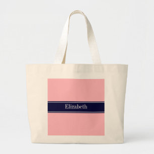 Solid Pink, Navy Blue Ribbon Name Monogram Large Tote Bag