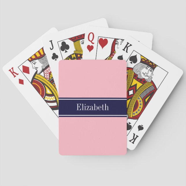 Solid Pink, Navy Blue Ribbon Name Monogram Playing Cards (Back)