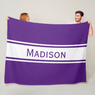 Solid Purple White Stripes Modern Name Fleece Blanket