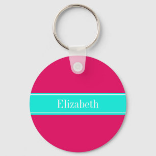 Solid Raspberry, Bright Aqua Ribbon Name Monogram Keychain