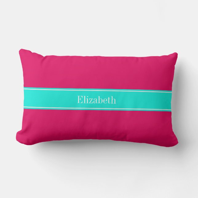 Solid Raspberry, Bright Aqua Ribbon Name Monogram Lumbar Pillow (Front)