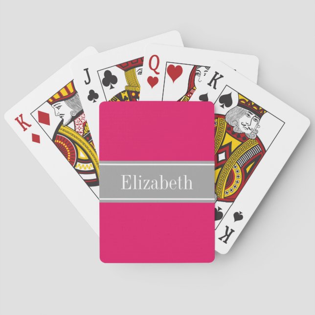 Solid Raspberry, Dark Grey Ribbon Name Monogram Playing Cards (Back)
