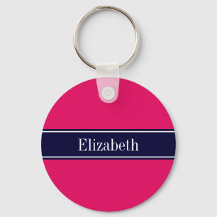Solid Raspberry, Navy Blue Ribbon Name Monogram Keychain