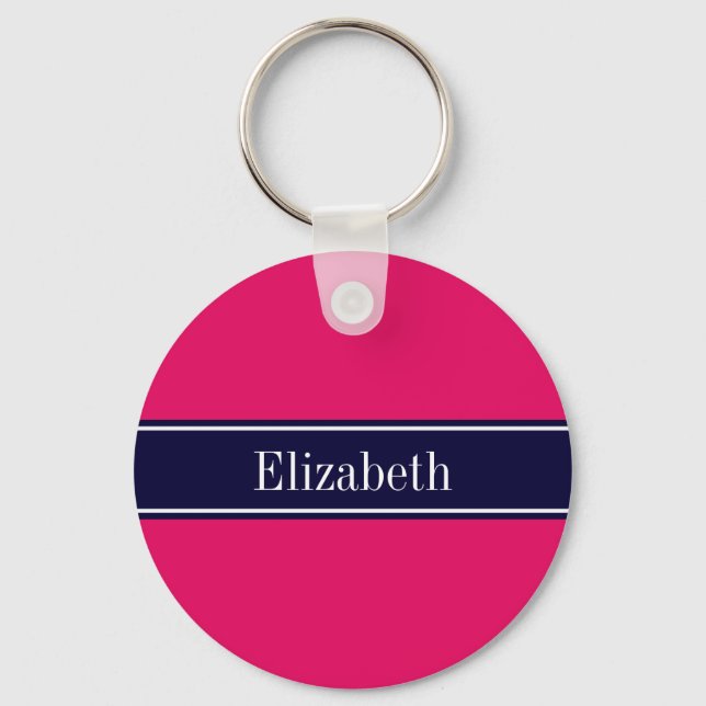 Solid Raspberry, Navy Blue Ribbon Name Monogram Keychain (Front)