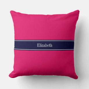 Solid Raspberry, Navy Blue Ribbon Name Monogram Throw Pillow