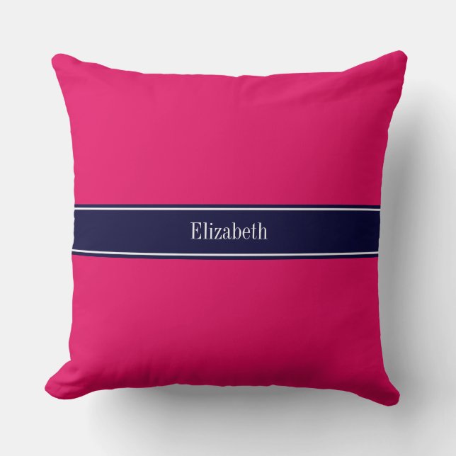 Solid Raspberry, Navy Blue Ribbon Name Monogram Throw Pillow (Front)