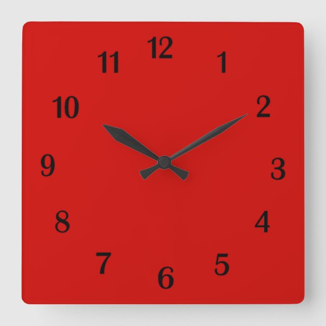 Solid Red Black Numbers Square Wall Clock (Front)