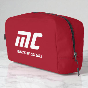Solid Red Monogram Boyfriend Name Text Simple Dopp Kit