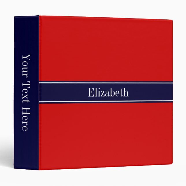 Solid Red, Navy Blue Ribbon Name Monogram Binder (Front/Spine)