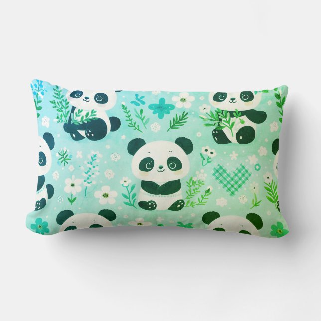 Solid Side and Panda Bear Pattern Green Print Lumbar Pillow (Front)