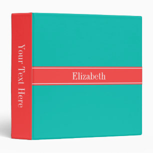 Solid Teal, Coral Red Ribbon Name Monogram Binder