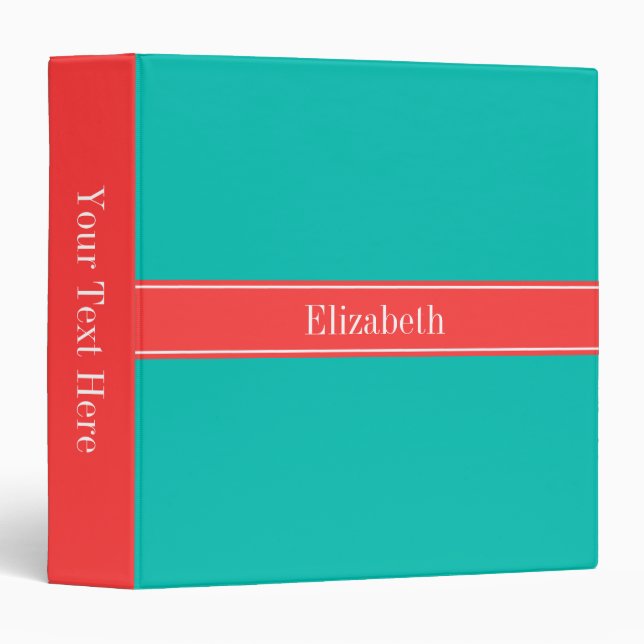 Solid Teal, Coral Red Ribbon Name Monogram Binder (Front/Spine)