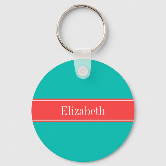 Solid Teal, Coral Red Ribbon Name Monogram Keychain (Front)