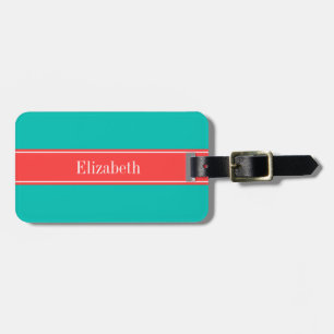 Solid Teal, Coral Red Ribbon Name Monogram Luggage Tag