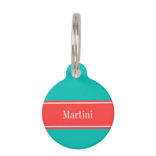Solid Teal, Coral Red Ribbon Name Monogram Pet Tag