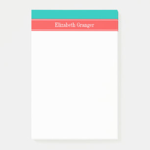 Solid Teal, Coral Red Ribbon Name Monogram Post-it Notes