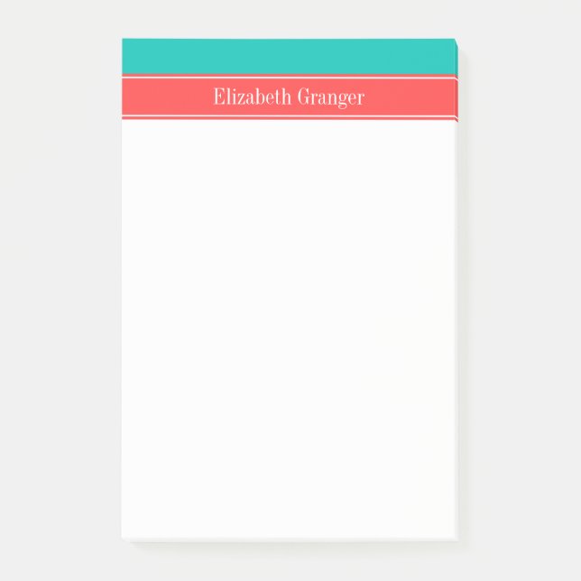 Solid Teal, Coral Red Ribbon Name Monogram Post-it Notes (Front)
