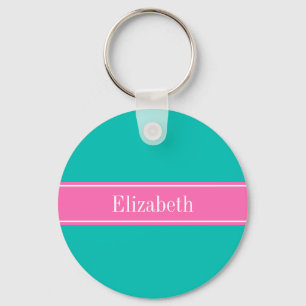 Solid Teal, Hot Pink #2 Ribbon Name Monogram Keychain
