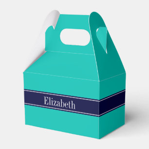 Solid Teal, Navy Blue Ribbon Name Monogram Favor Box