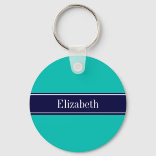 Solid Teal, Navy Blue Ribbon Name Monogram Keychain