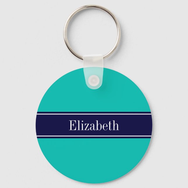 Solid Teal, Navy Blue Ribbon Name Monogram Keychain (Front)