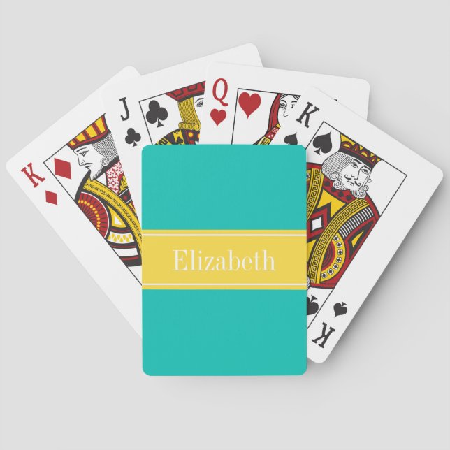 Solid Teal, Pineapple Ribbon Name Monogram Playing Cards (Back)