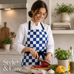 Solid White with Navy Blue Square Pattern Stylish Apron