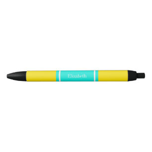 Solid Yellow, Bright Aqua Ribbon Name Monogram Black Ink Pen