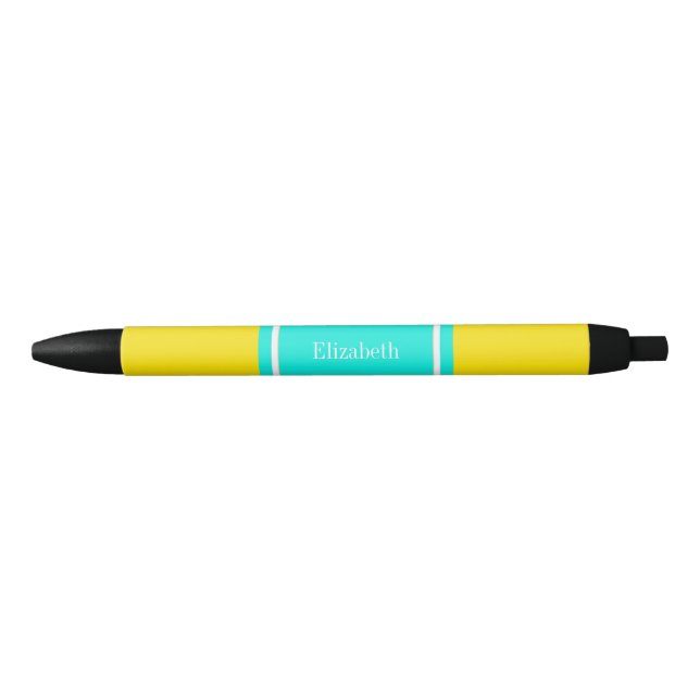 Solid Yellow, Bright Aqua Ribbon Name Monogram Black Ink Pen (Front)