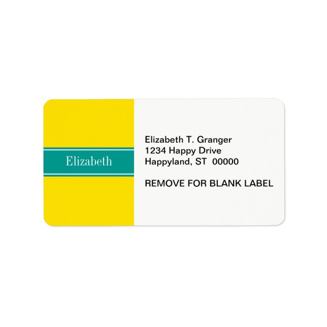 Solid Yellow, Dark Teal Ribbon Name Monogram Label (Front)
