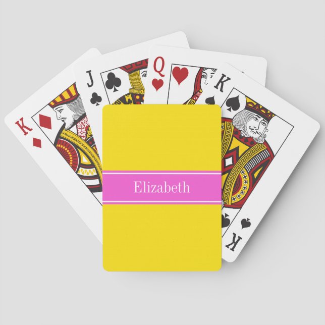 Solid Yellow, Hot Pink Ribbon Name Monogram Playing Cards (Back)