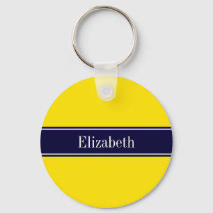 Solid Yellow, Navy Blue Ribbon Name Monogram Keychain