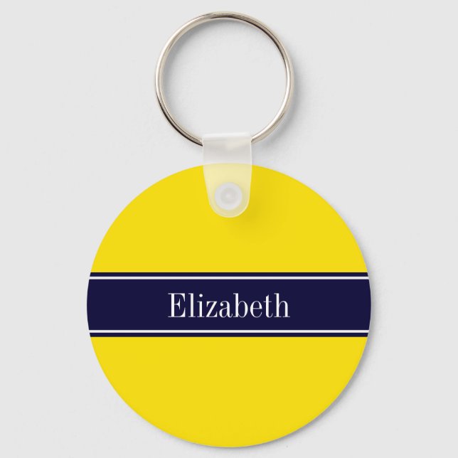 Solid Yellow, Navy Blue Ribbon Name Monogram Keychain (Front)