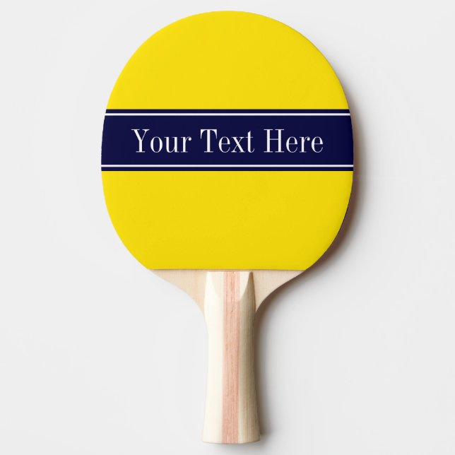 Solid Yellow, Navy Blue Ribbon Name Monogram Ping Pong Paddle (Front)