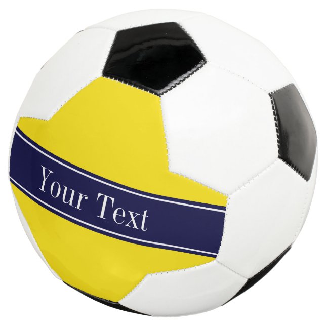 Solid Yellow, Navy Blue Ribbon Name Monogram Soccer Ball (Three Quarter)