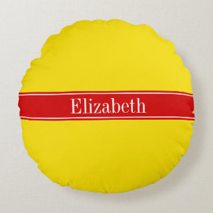 Solid Yellow, Red Ribbon Name Monogram Round Pillow